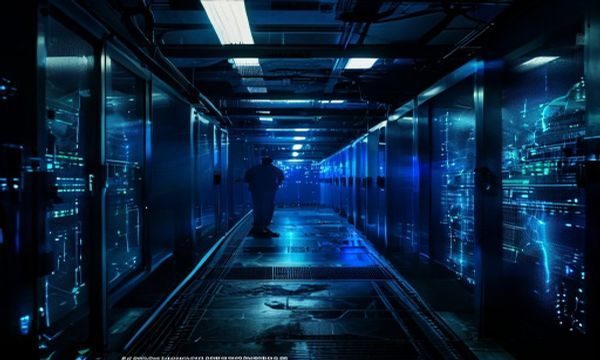 黑暗服务器机房内，FBI探员正在分析丝绸之路暗网市场的加密交易记录，蓝色屏幕光芒映照在专注的面孔上，画面紧张而专业